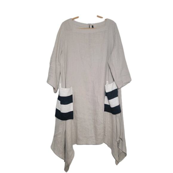 IC by Connie K Dresses & Skirts - IC By Connie K Linen Biege Dress Striped Pockets Lagenlook Boho Size XXL